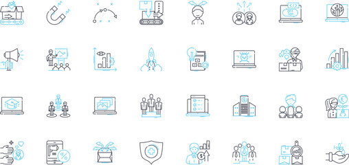 Company debut linear icons set. Introduction, Premiere, Launch, Debutante, Inauguration, Introduction, Firsts line vector and concept signs. Pier,Trailblazer,Commencement outline illustrations