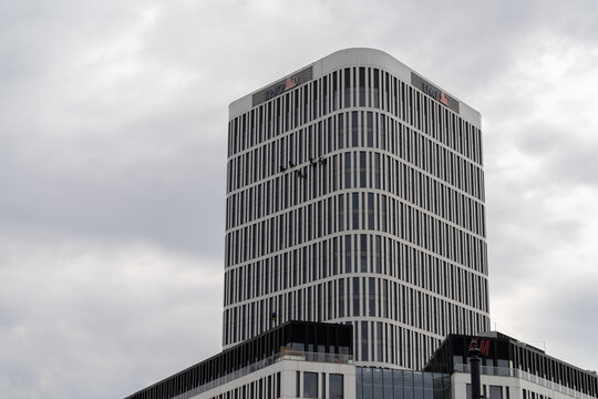 Plac Unii office building and shopping mall commercial complex at Puławska street, near Unii Lubelskiej Square on March 24, 2023 in Warsaw, Poland.