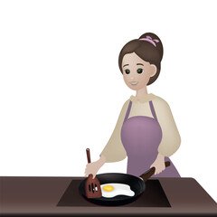 Happy woman is cooking. Mother is making breakfast. Cartoon woman in the apron. Housewife lifestyle. Vector illustration. 3d people.