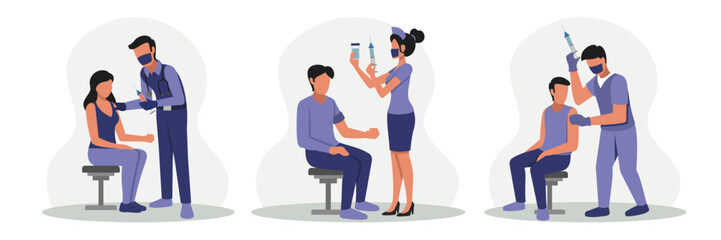 Set of colored cartoon characters boosting immune system health