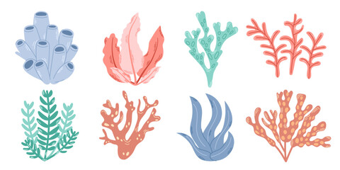 Fototapeta na wymiar Set of 8 elements of underwater planting. Bright colorful set of seaweed and corals. Modern flat illustration.