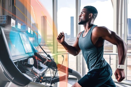 A Man Running On A Treadmill In A Gym Room With A City View Fitness Center Sports Photography Workplace Wellness Generative AI