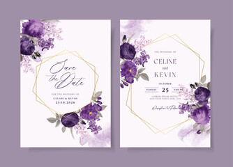 Watercolor wedding invitation template set with romantic purple floral and leaves decoration