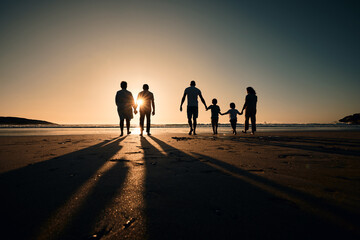 Silhouette, beach and big family holding hands in sunset on a holiday or vacation at sea or ocean together. Travel, love or shadow of people at sunrise in support, freedom and bonding by water mockup