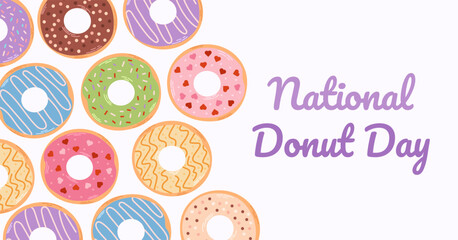 National Donut Day banner. Celebrations promotional flyer. Flat cartoon illustration of variety donuts.