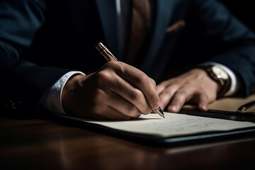 Close-up photo of a businessman's hand signing a contract with a ballpoint pen