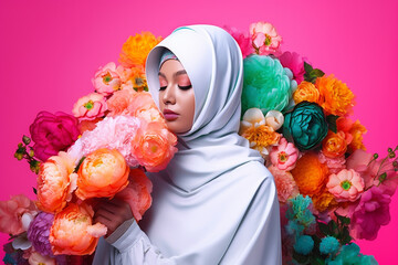 beautiful fashion modern  girl with hijab scarf, and cool make up surrounded by floral scene, vibrant pop contemporary colors, generative ai illustration
