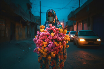 beautiful fashion modern  girl with hijab scarf, and cool make up surrounded by floral scene, vibrant pop contemporary colors, generative ai illustration