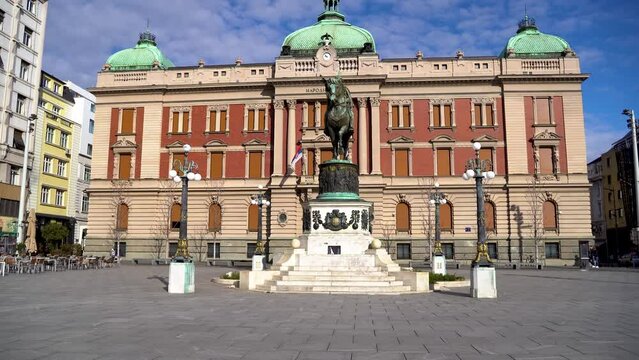 Monument to Prince Mihailova and Republic Square (Trg Republike in Serbian) in Belgrade. Belgrade, Serbia - March 31, 2023.