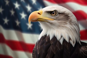 Naklejka premium Bald Eagle with USA Flag in the background. Generative AI