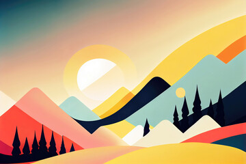 Abstract colorful forest mountain landscape with sunset (Generative AI)