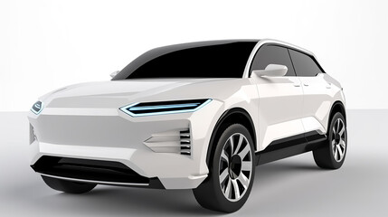Isolated Front View Of White Electric SUV Concept Car On Isolated White Background. Generative Ai