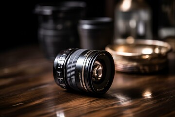 Plakat camera lens on table. Generative AI