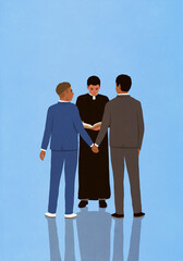 Priest marrying gay male couple holding hands on blue background

