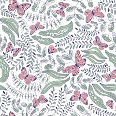 Seamless pattern of beautiful butterflies and plants on a white background. Delicate pattern for summer and spring women's fabrics. Flat vector illustration.