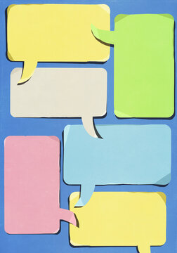 Multicolored communication speech bubbles overlapping on blue background
