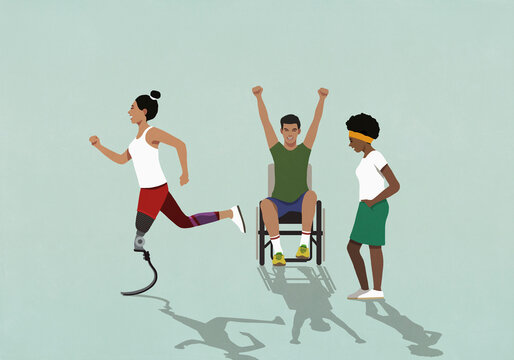 Happy, excited disabled people exercising
