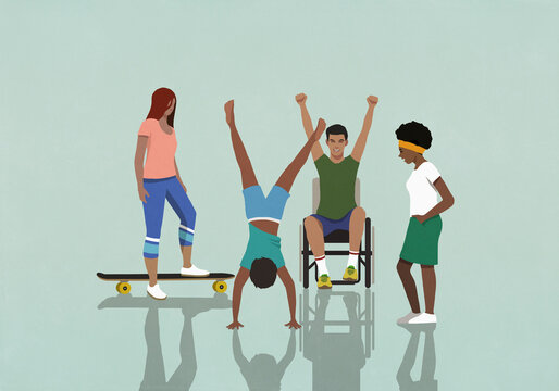 Energetic community in wheelchair and with skateboard playing
