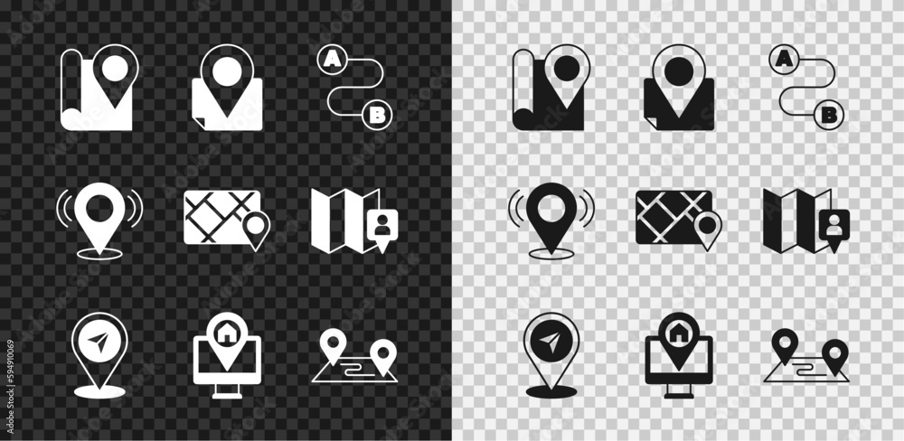 Poster set folded map with location marker, route, map pin, monitor, and gps device icon. vector