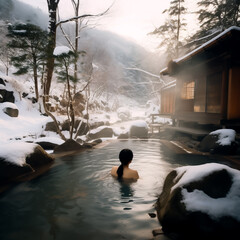 Woman relaxing and bathing in a traditional Japanese onsen, embracing serenity and rejuvenation, shallow depth of field, Illustrative Generative AI. not a real person.