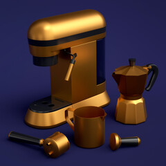 Espresso coffee machine with horn and geyser coffee maker on blue background.