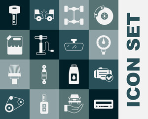 Set Car audio, Check engine, Tire pressure gauge, Chassis car, air pump, Canister for gasoline, key with remote and mirror icon. Vector