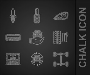 Set Auto service check automotive, Car, Chassis car, Tire pressure gauge, wash, audio, headlight and spark plug icon. Vector