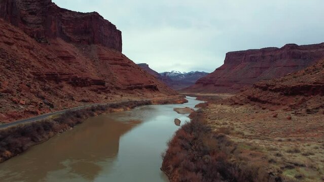 Moab's Wall Street And Colorado River - aerial drone shot