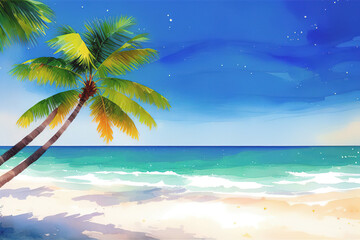 Coconut palm on the shore of a tropical island, ocean, sand, Generative AI.