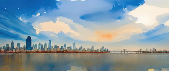 Deurstickers Aquarelschilderij wolkenkrabber  Panorama of Philadelphia skyline,  Bridge, Generative AI.