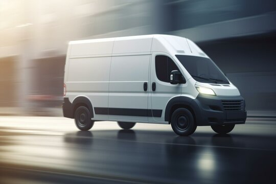 Generic 3d model of delivery van very fast driving on highway. Gas, oil concept. 3d rendering. Generative AI