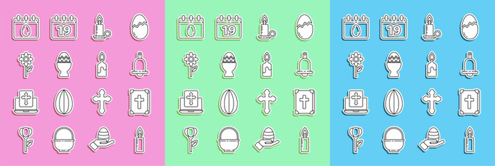 Set line Burning candle, Holy bible book, Ringing bell, candlestick, Easter egg on stand, Flower, Calendar with and icon. Vector