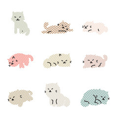 Colorful cartoon cats set. Simple modern geometric pattern flat style vector illustration in Japanese style. Cute clip art cat doodle set, funny vector icons. Hand drawn sketch style cat characters 