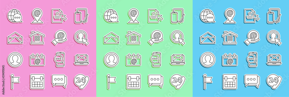 Poster set line telephone 24 hours support, laptop with envelope, create account screen, document and curso
