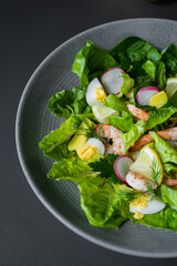 A plate of salad with shrimp, radishes, and egg.