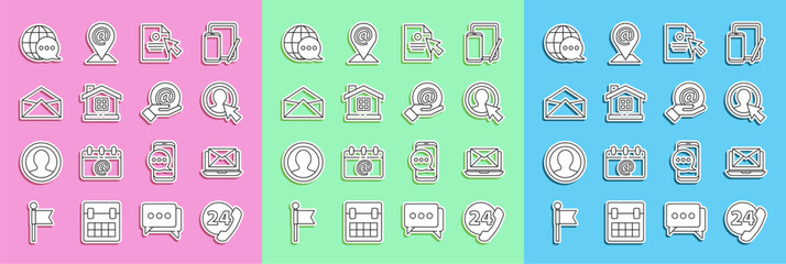 Set line Telephone 24 hours support, Laptop with envelope, Create account screen, Document and cursor, House, Envelope, World map made from speech bubble and Mail e-mail in hand icon. Vector