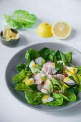 A plate of salad with shrimp, radishes, and egg.