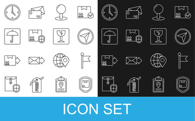 Set line Delivery pack security with shield, Location marker, Infographic of city map navigation, Push pin, Umbrella, Fast time delivery and Fragile broken glass icon. Vector