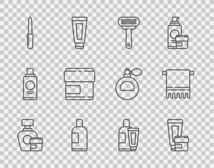 Set line Cream or lotion cosmetic tube, Shaving razor, Bottle of shampoo, Nail file, and Towel hanger icon. Vector