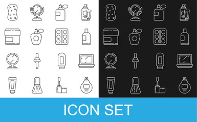 Set line Perfume, Makeup powder with mirror, Bottle of shampoo, Cream lotion cosmetic tube, Sponge bubbles and Eye shadow palette icon. Vector