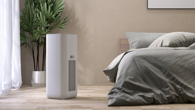 White modern design air purifier, dehumidifier in beige brown wall bedroom, gray cover sheet bed, tropical palm tree in sunlight on wood parquet floor for healthcare, health technology background 3D.