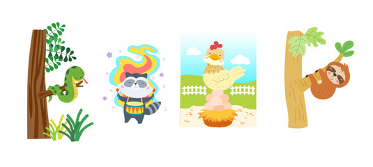 Set of cute animal character with snake, fox, chicken and sloth, coloring page.