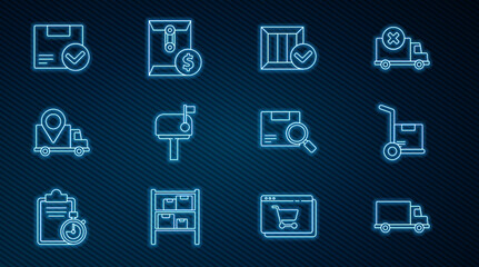 Set line Delivery cargo truck vehicle, Hand and boxes, Wooden with check mark, Mail, tracking, Package, Search package and Envelope dollar symbol icon. Vector