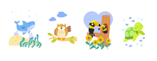 Set of cute animal character with shark, owl, hornbill and turtle, coloring page.