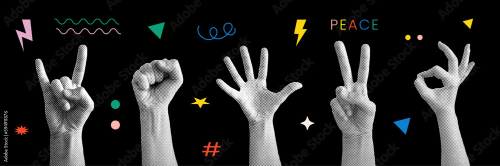 Poster set of hands in different poses. vintage illustration with dot pop art. isolated dark background. co
