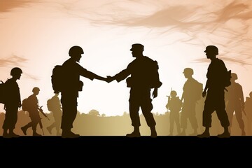 Fototapeta na wymiar silhouettes of soldiers making peace by shaking hands. world peace. International Day of Peace. Generative Ai
