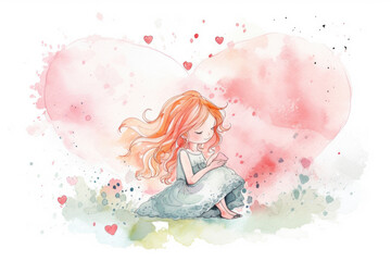 Plakat Watercolor girl in flowing gown sits in the middle of a heart with an abstract background, Generative AI