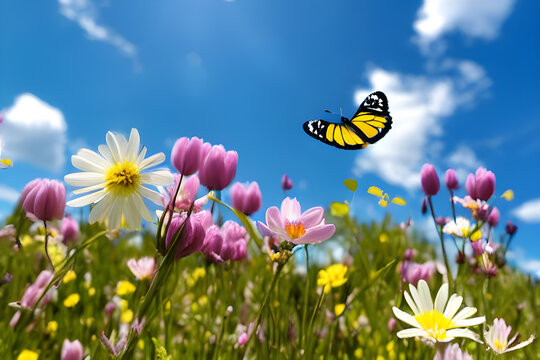 A photograph of flowers in sping background with butterfly, Generative AI