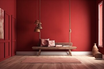 Rustic Home interior mockup with bench,chairs and decor in red room, 3d rendering. Generative AI