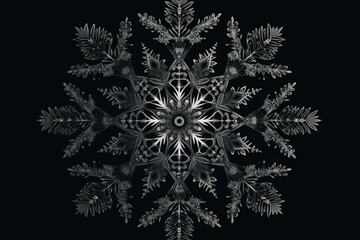 Winter decorative snowflake on black background. Generative AI